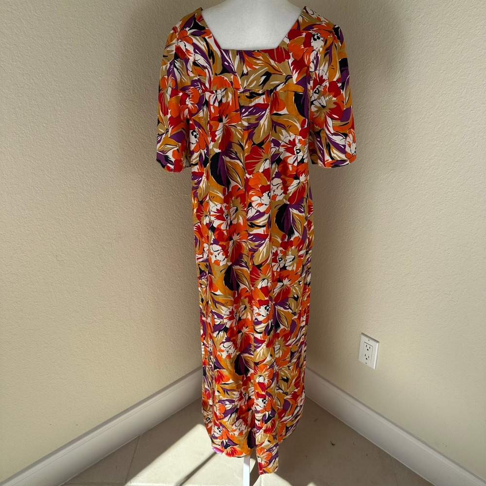 Sears Muu Muu Dress Women M Orange Floral Boho Maxi Lounger Vintage 70s Style - Picture 3 of 7
